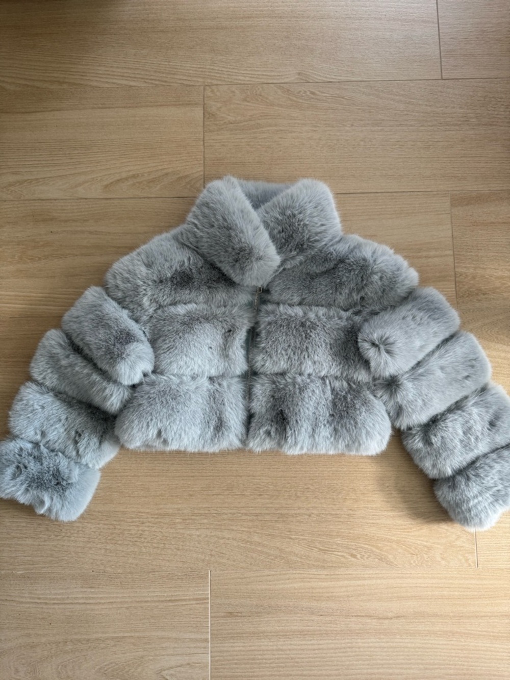 Iorane Faux Fur Polyester Cropped Coat Icy Blue Grey, Size Small